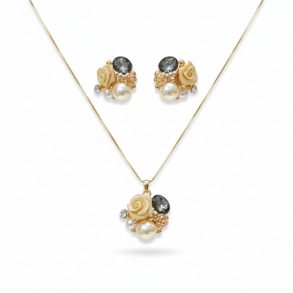 Golden Pearl & Rose Bloom Pendant Set