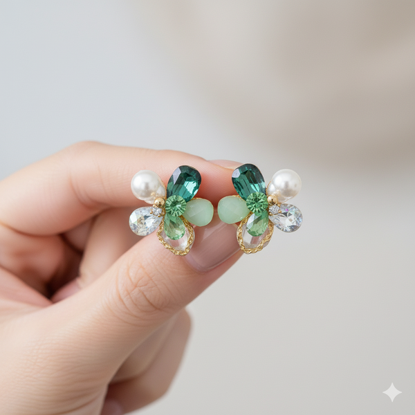 Emerald Petal Pearl Earrings