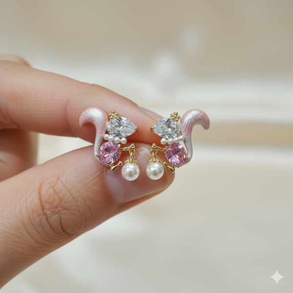 Whimsical Squirrel & Pearl Drop Earrings