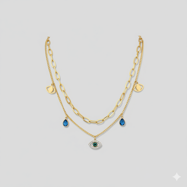 Layered Evil Eye & Teardrop Charm Necklace