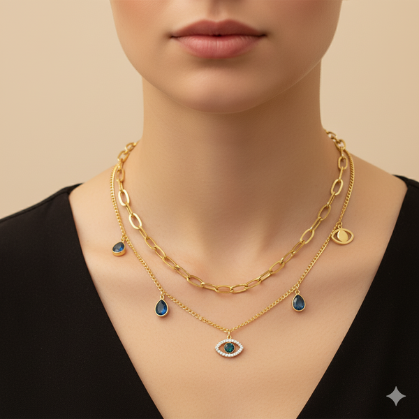 Layered Evil Eye & Teardrop Charm Necklace