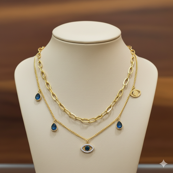 Layered Evil Eye & Teardrop Charm Necklace