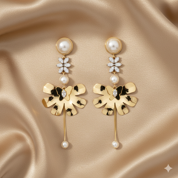 Golden Petal Pearl Drops Earrings