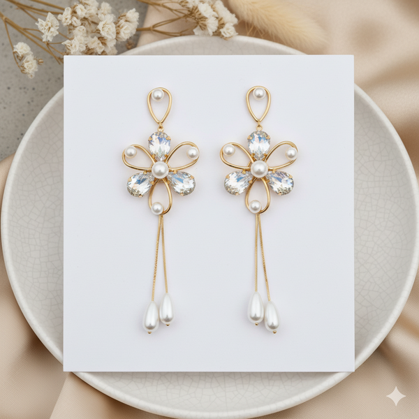 Luminous Petal & Pearl Cascade Earrings