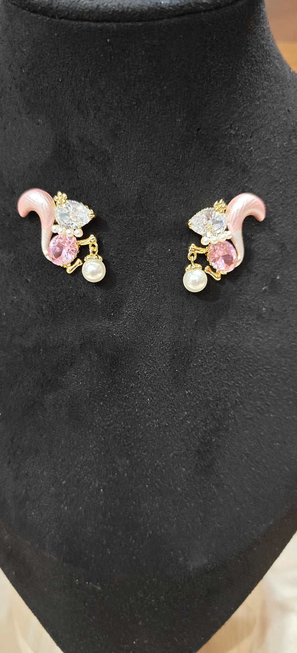 Whimsical Squirrel & Pearl Drop Earrings