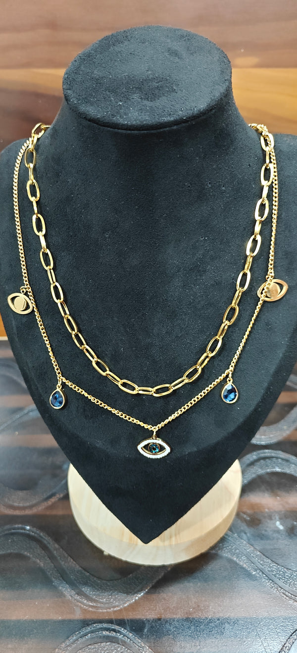 Layered Evil Eye & Teardrop Charm Necklace