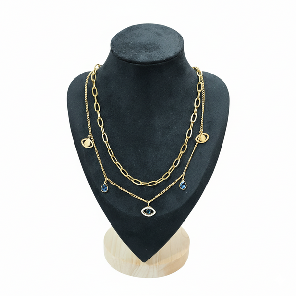Layered Evil Eye & Teardrop Charm Necklace