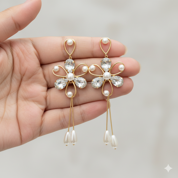 Luminous Petal & Pearl Cascade Earrings
